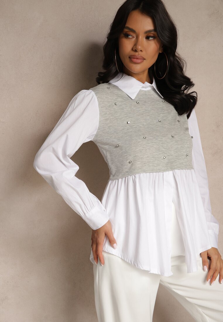 pretty Bluză-Cămașă Gri cu Viscoză cu Croială Cloș cu Vestă Incorporată Uliadorella