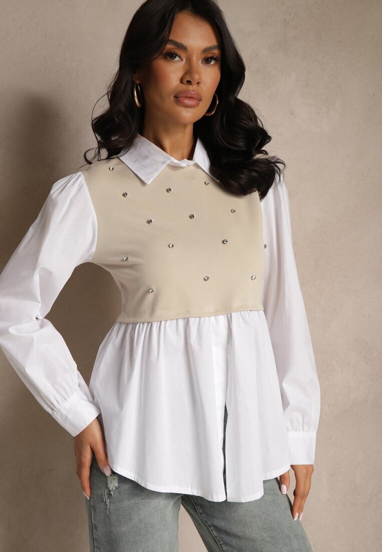pretty Bluză tip cămașă bej din vâscoză cu croi evazat și vestă cusută Uliadorella
