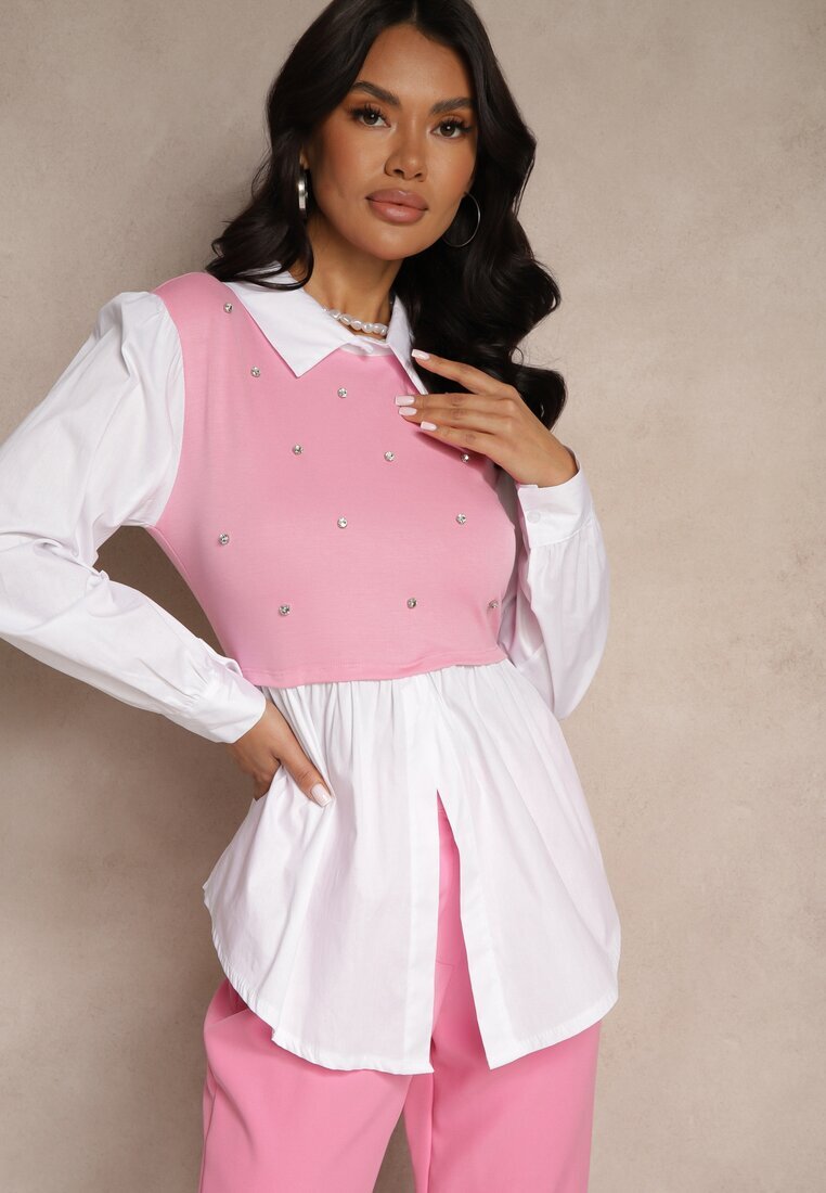 pretty Bluză tip cămașă roz cu viscoză cu croială cloș și cu vestă integrată Uliadorella
