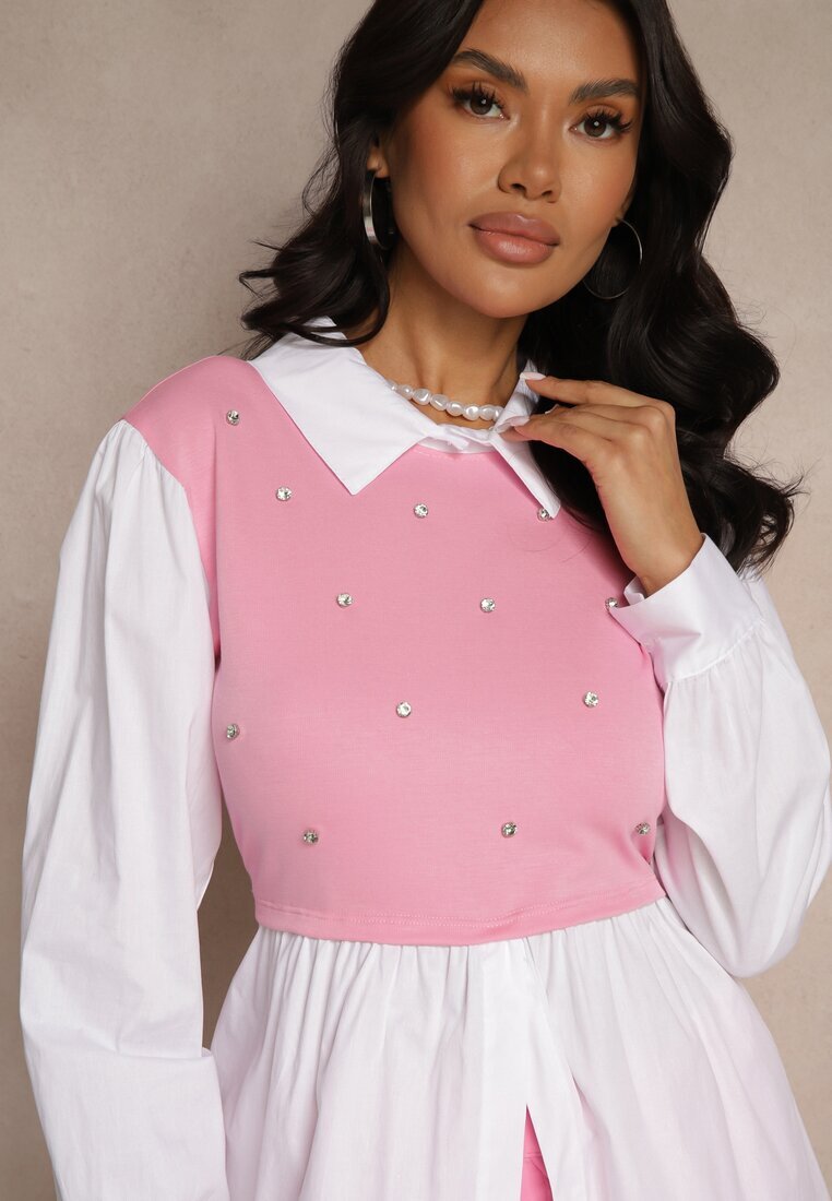 pretty Bluză tip cămașă roz cu viscoză cu croială cloș și cu vestă integrată Uliadorella