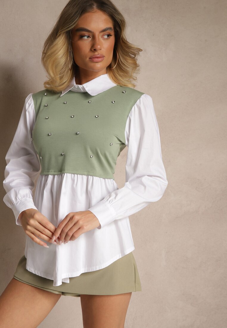 pretty Bluză tip cămașă Verde cu Viscoză cu Croi Evazat cu Vestă Cusută Uliadorella