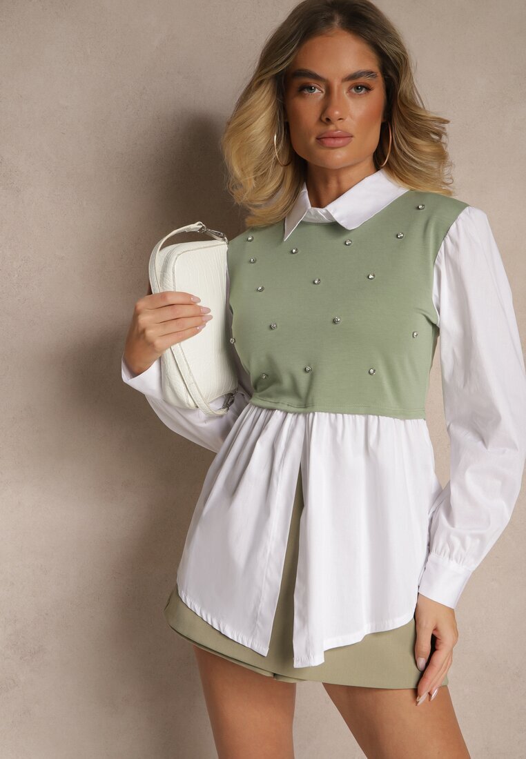pretty Bluză tip cămașă Verde cu Viscoză cu Croi Evazat cu Vestă Cusută Uliadorella