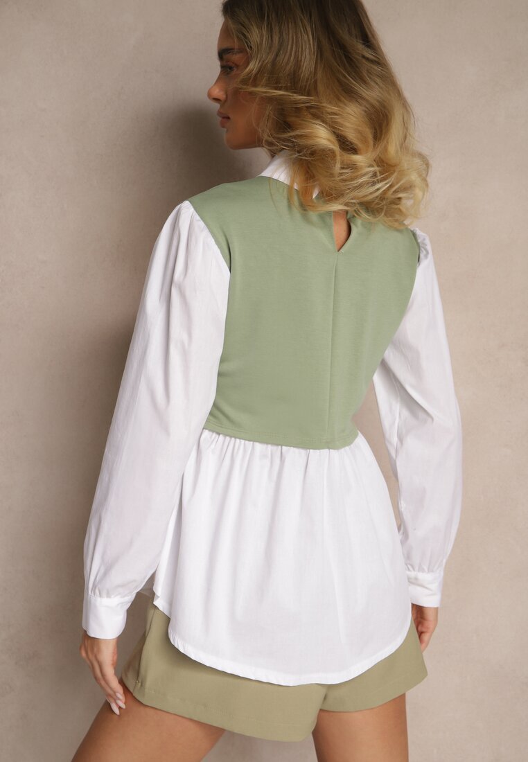 pretty Bluză tip cămașă Verde cu Viscoză cu Croi Evazat cu Vestă Cusută Uliadorella