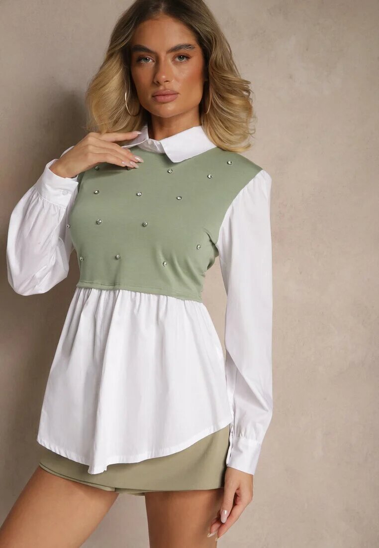 pretty Bluză tip cămașă Verde cu Viscoză cu Croi Evazat cu Vestă Cusută Uliadorella