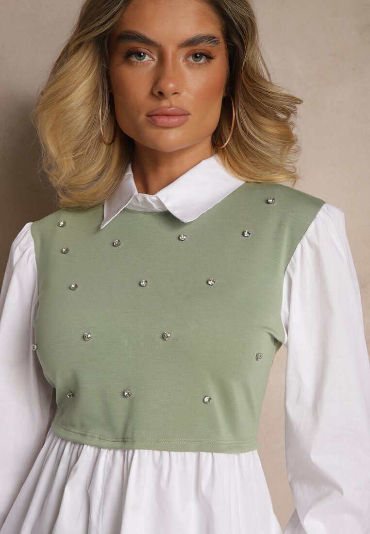 pretty Bluză tip cămașă Verde cu Viscoză cu Croi Evazat cu Vestă Cusută Uliadorella