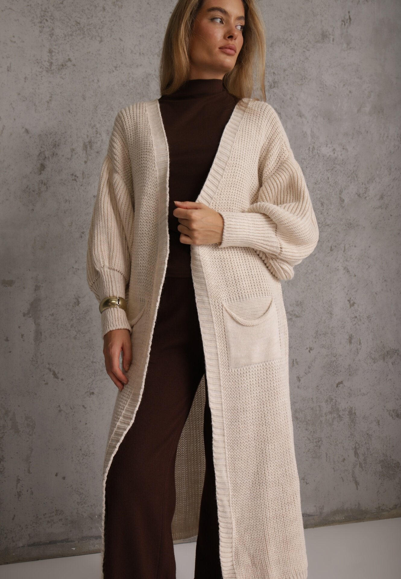 pretty Cardigan Bej deschis Lung cu Mânecă Bufantă Mesho
