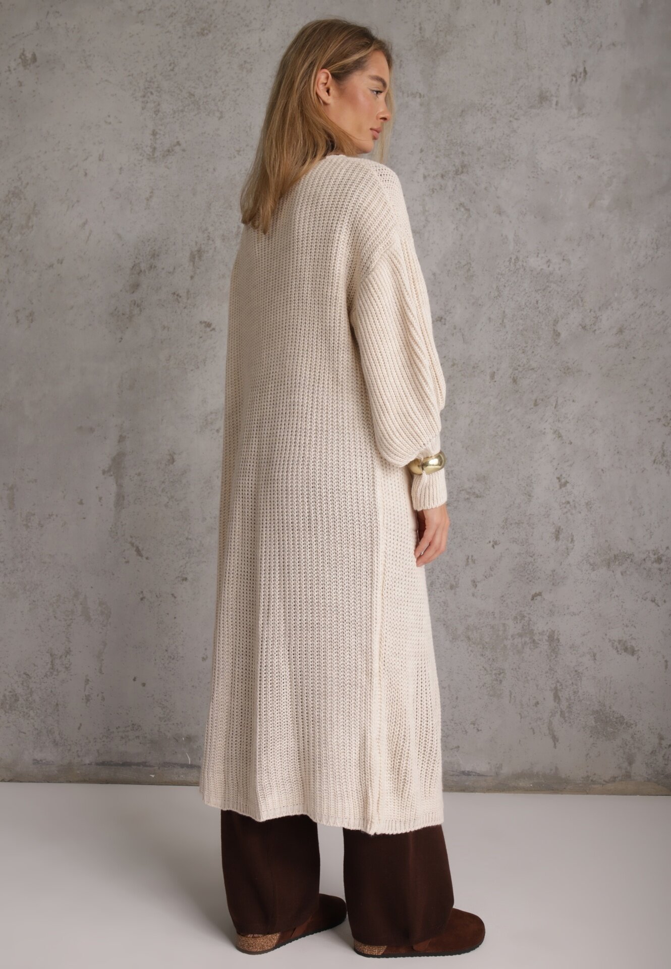 pretty Cardigan Bej deschis Lung cu Mânecă Bufantă Mesho