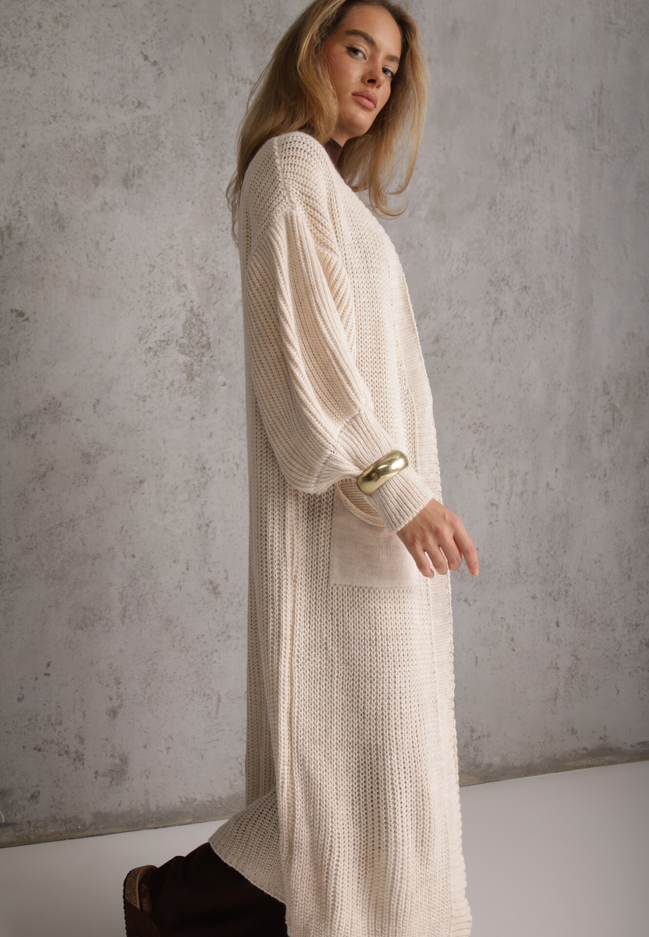 pretty Cardigan Bej deschis Lung cu Mânecă Bufantă Mesho