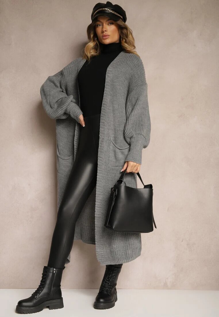 pretty Cardigan Gri Lung cu Mânecă Bufantă Mesho