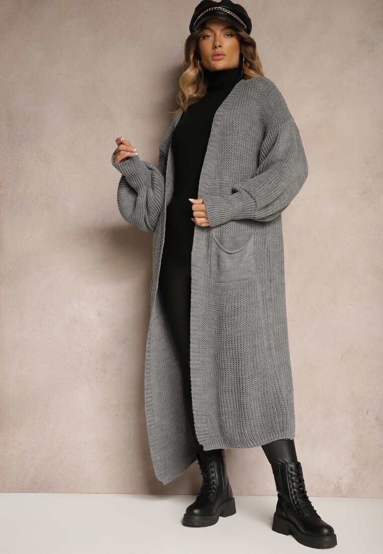 pretty Cardigan Gri Lung cu Mânecă Bufantă Mesho