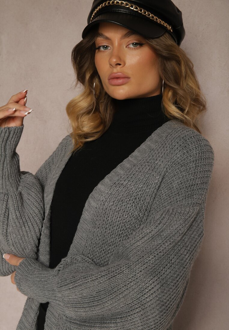 pretty Cardigan Gri Lung cu Mânecă Bufantă Mesho