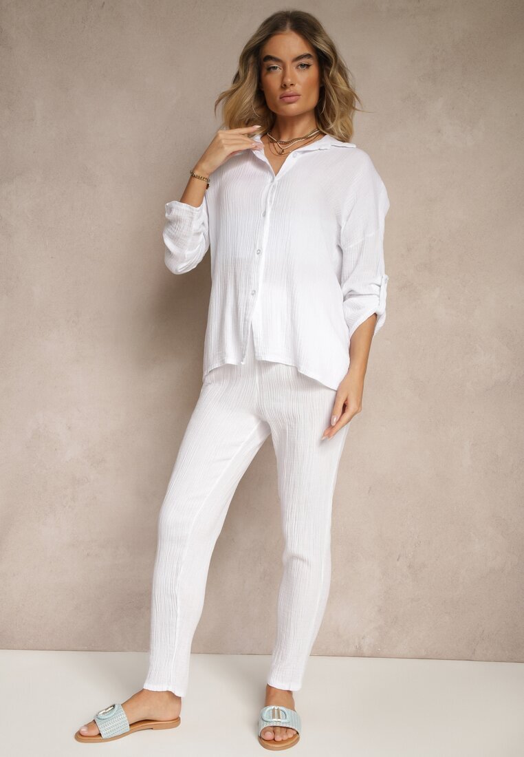 pretty Compleu Alb din Muselină din Bumbac Pantaloni și Cămașă cu Mâneci Reglabile Janalise