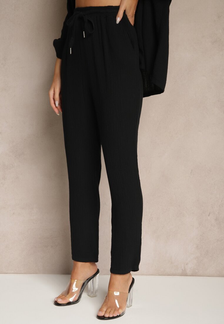 pretty Compleu Negru de Muslin din Bumbac Pantaloni și Cămașă cu Mâneci Reglabile Janalise
