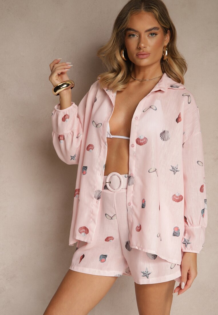 pretty Compleu Roz din Vascoză Cămașă și Pantaloni scurți cu Imprimeu Marin Reisoria