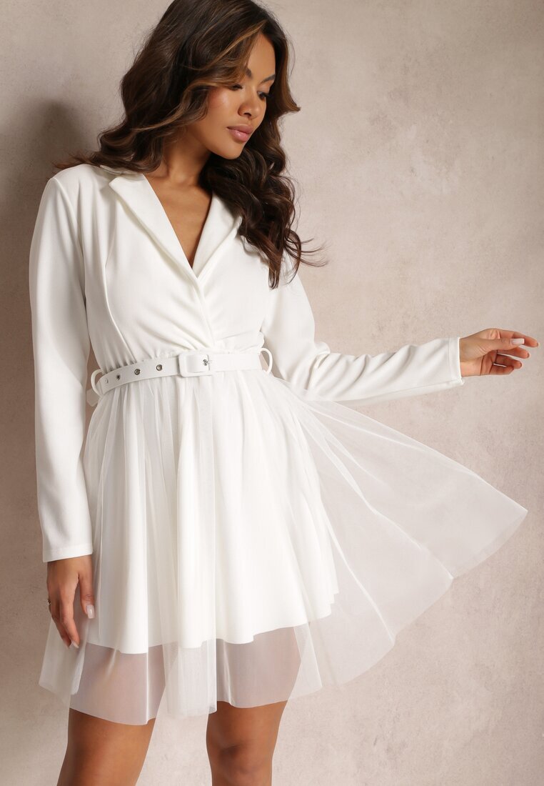 pretty Rochie Albă cu Decolteu Petrecut și Tiv din Tul cu Cordon Kailana