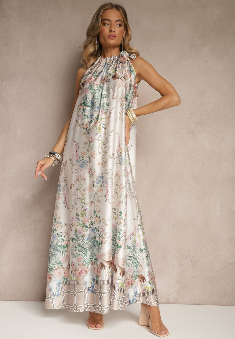 pretty Rochie Albă din Satin Decorată cu Model Floral și Legătură Fenalesa