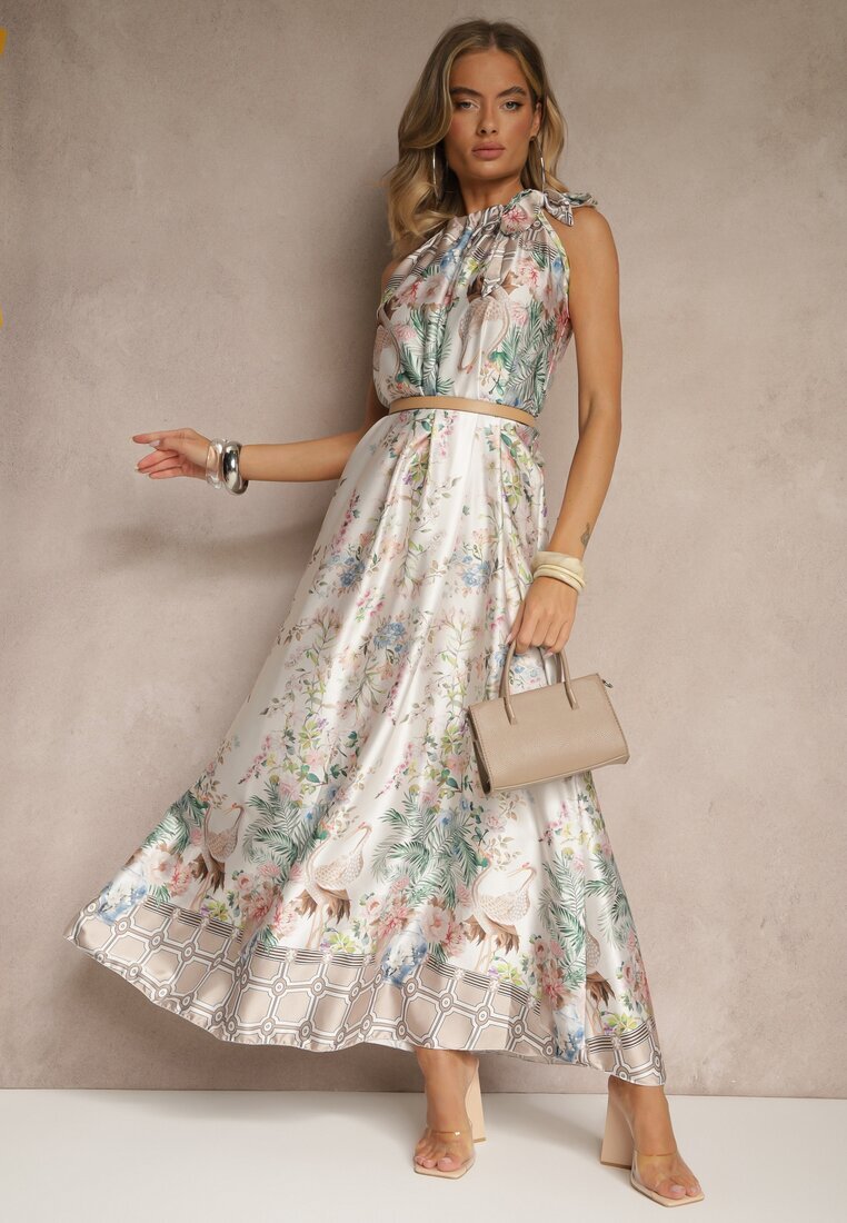 pretty Rochie Albă din Satin Decorată cu Model Floral și Legătură Fenalesa