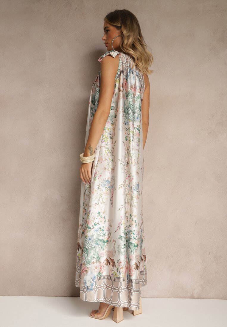pretty Rochie Albă din Satin Decorată cu Model Floral și Legătură Fenalesa