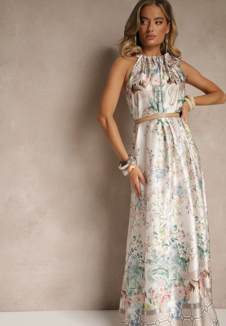 pretty Rochie Albă din Satin Decorată cu Model Floral și Legătură Fenalesa