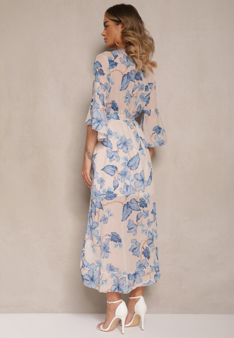 pretty Rochie Albastră Asimetrică din Bumbac cu Decolteu petrecut și cu Cordon Nitilira