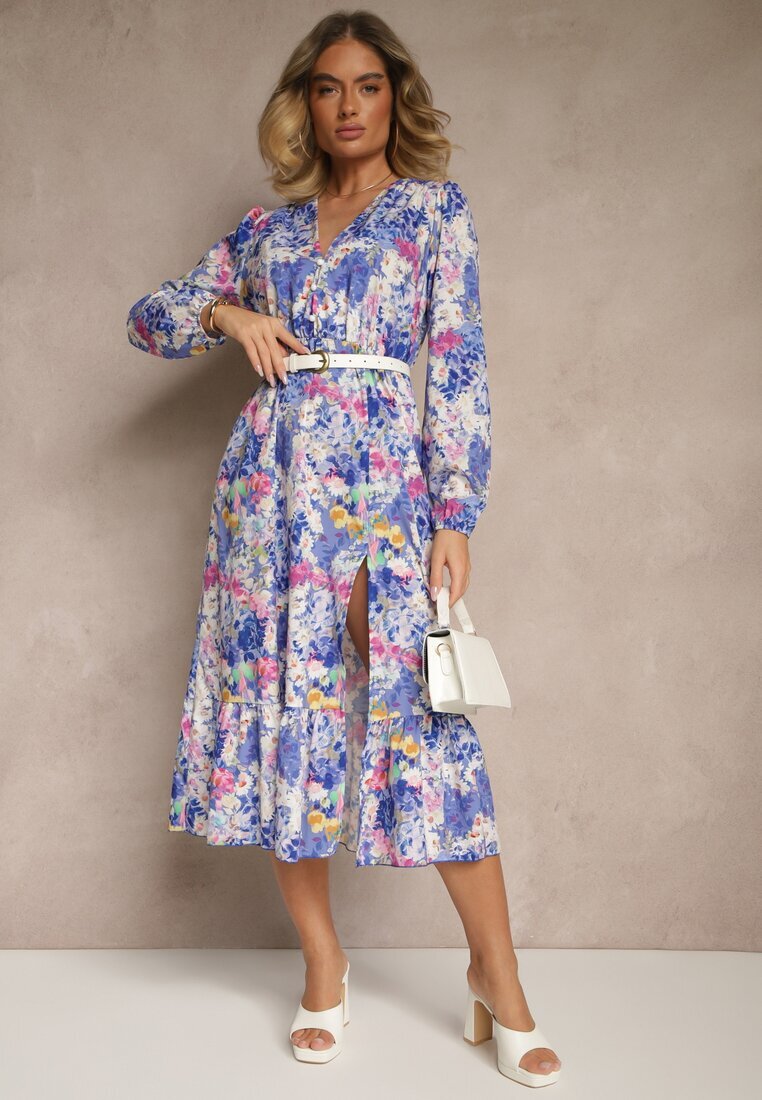 pretty Rochie albastră cu Imprimeu Floral cu Croială Cloș și Decolteu în V Janellia