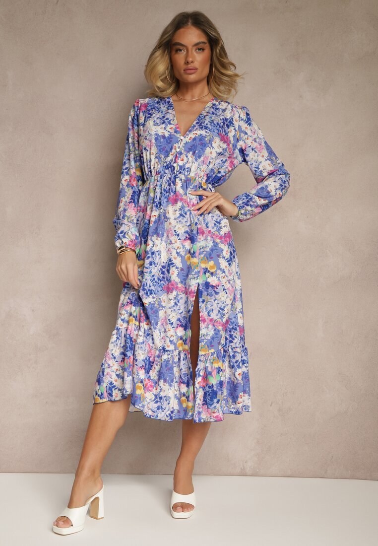 pretty Rochie albastră cu Imprimeu Floral cu Croială Cloș și Decolteu în V Janellia