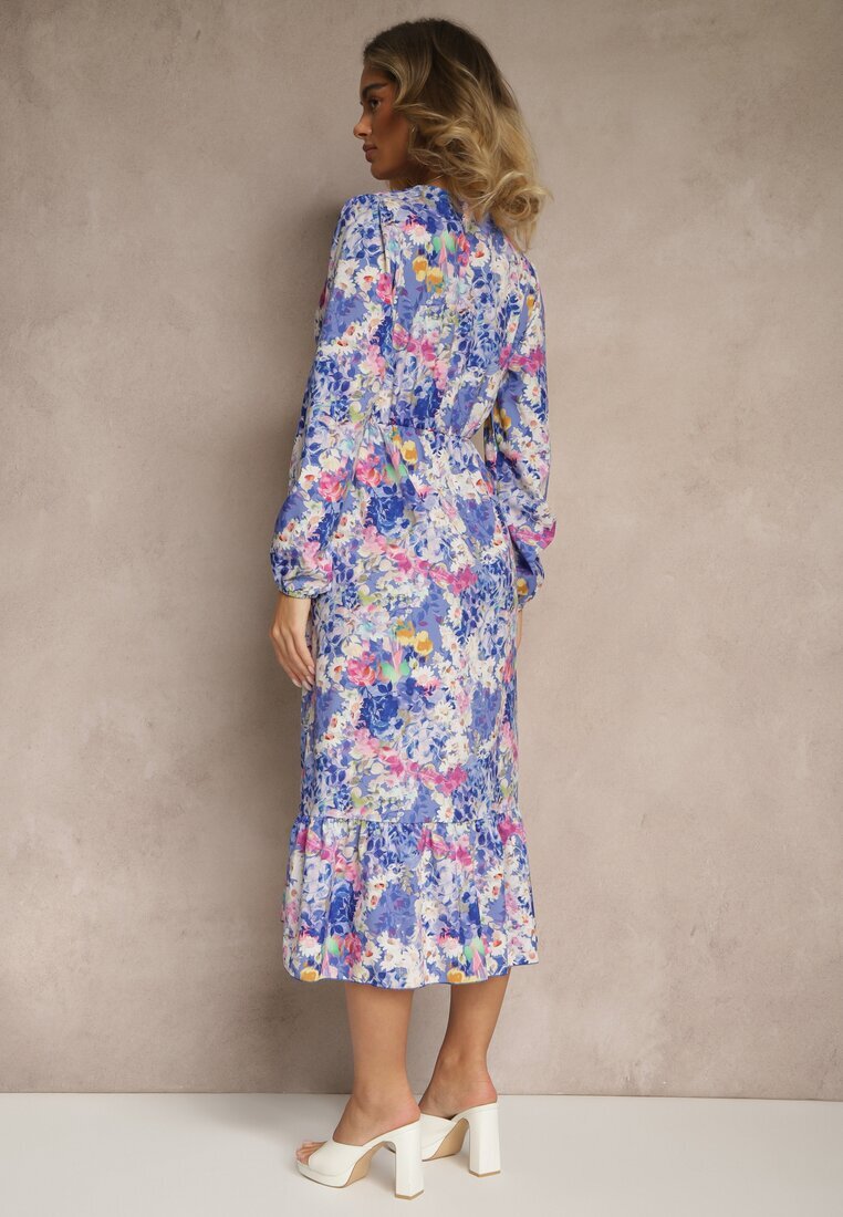 pretty Rochie albastră cu Imprimeu Floral cu Croială Cloș și Decolteu în V Janellia