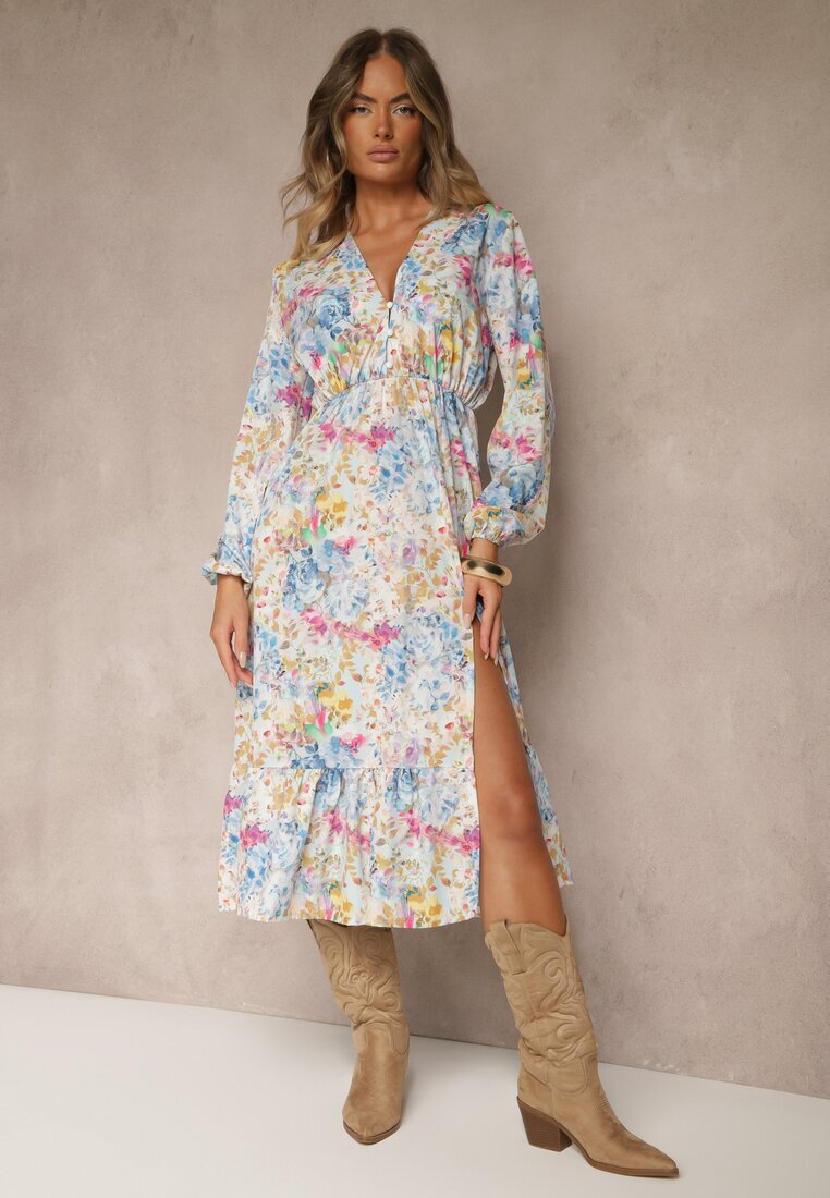 pretty Rochie Albastră deschisă cu Imprimeu Floral Croi Cloș și Decolteu în V Janellia