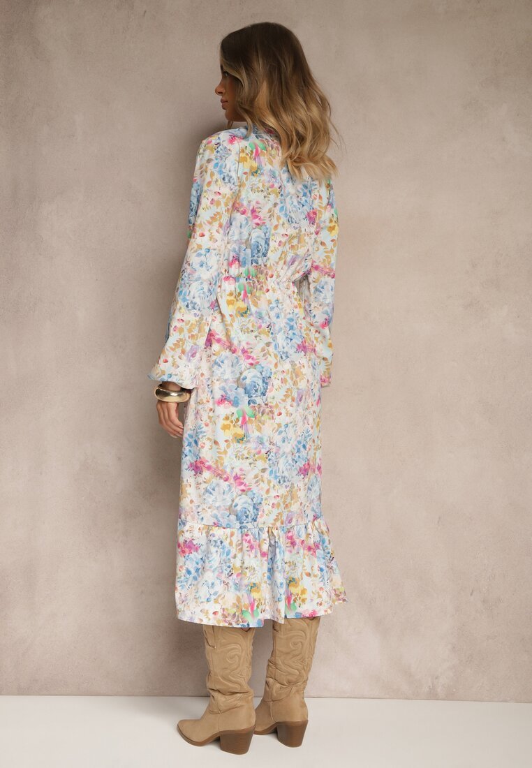 pretty Rochie Albastră deschisă cu Imprimeu Floral Croi Cloș și Decolteu în V Janellia