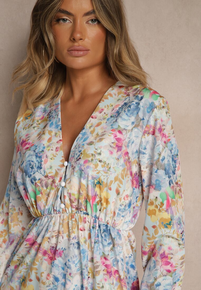 pretty Rochie Albastră deschisă cu Imprimeu Floral Croi Cloș și Decolteu în V Janellia
