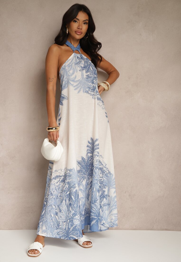pretty Rochie Albastră din Viscoză Decorată cu Legătură și cu Model de Palmieri Folenella