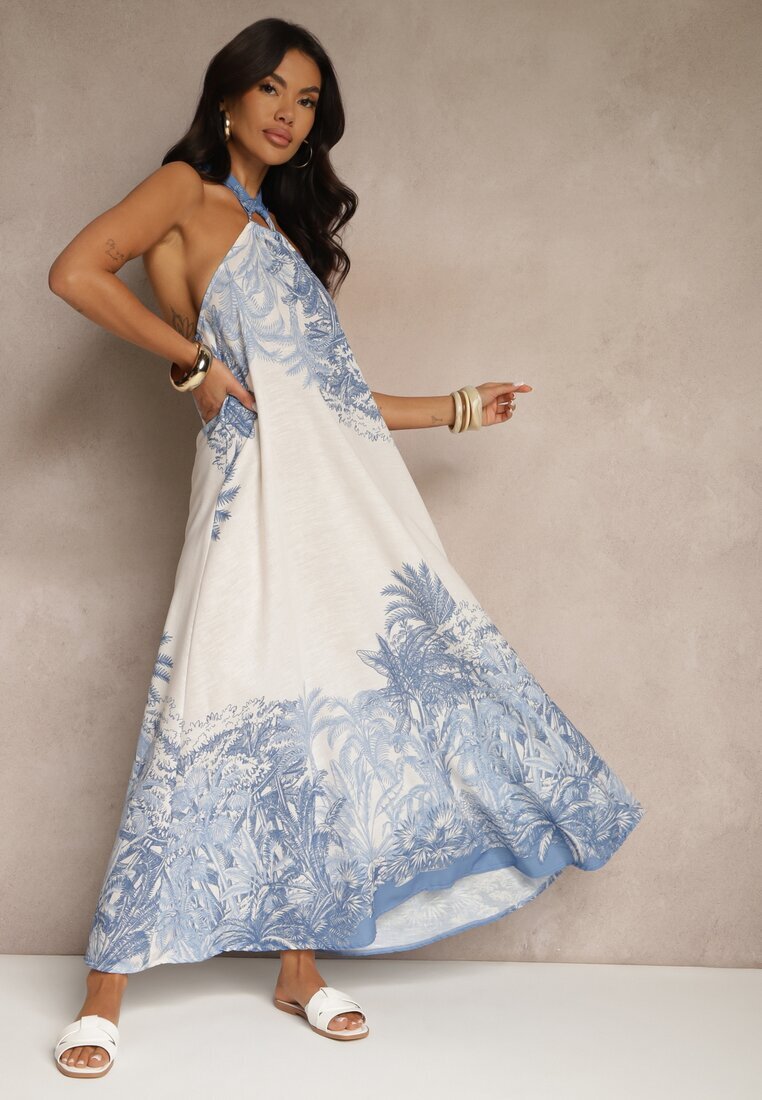 pretty Rochie Albastră din Viscoză Decorată cu Legătură și cu Model de Palmieri Folenella