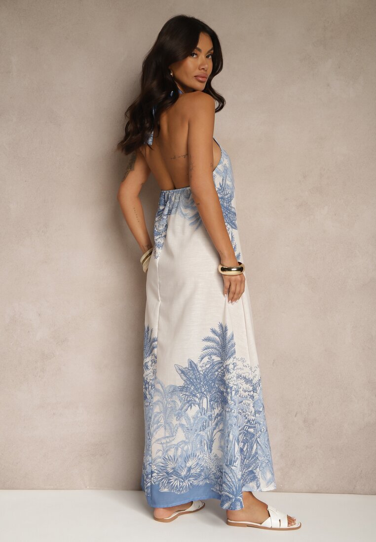 pretty Rochie Albastră din Viscoză Decorată cu Legătură și cu Model de Palmieri Folenella