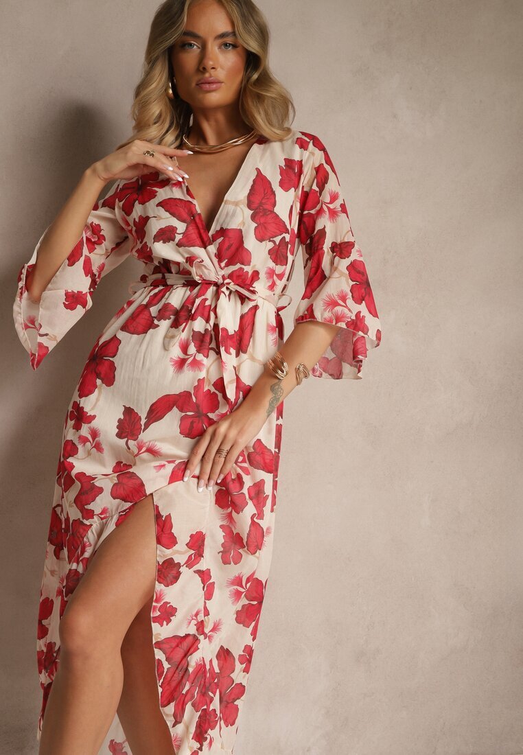 pretty Rochie Asimetrică Roșie din Bumbac cu Decolteu Petrecut și Cordon Legat Nitilira