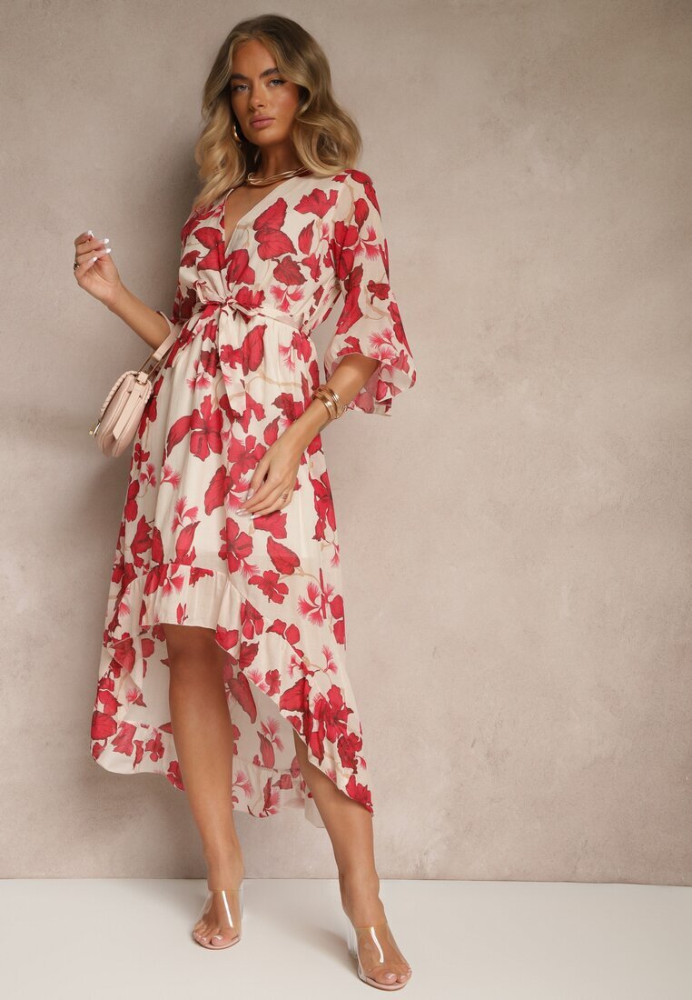 pretty Rochie Asimetrică Roșie din Bumbac cu Decolteu Petrecut și Cordon Legat Nitilira
