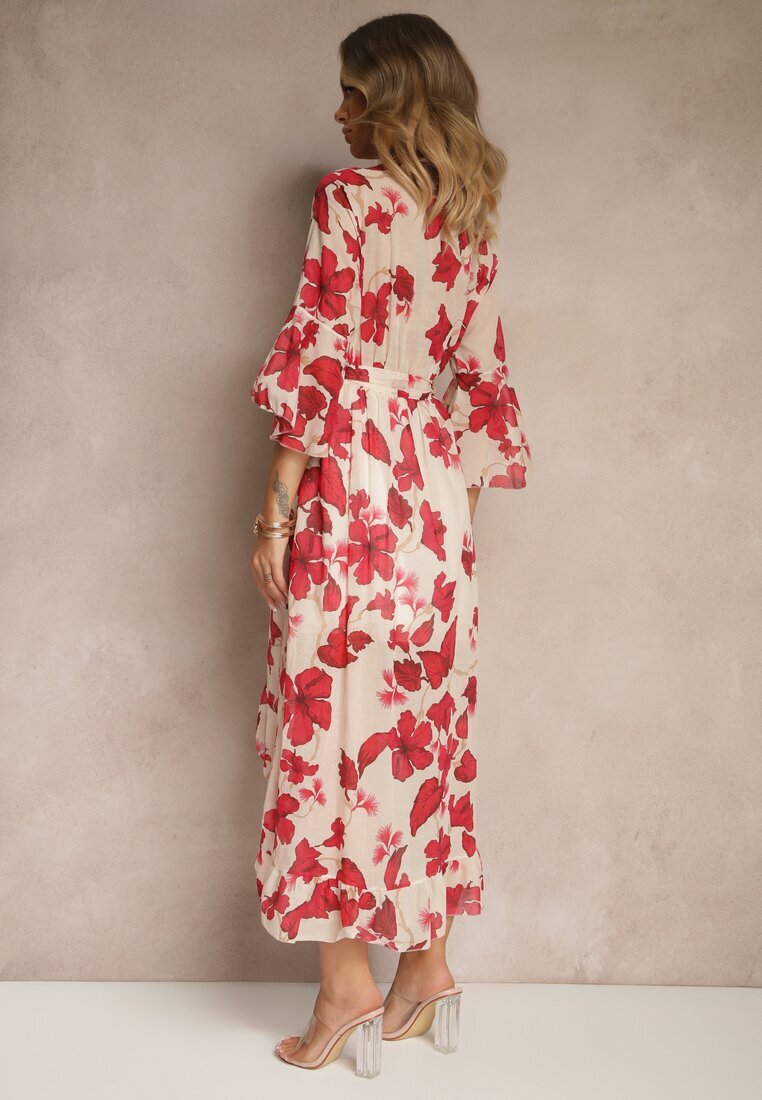 pretty Rochie Asimetrică Roșie din Bumbac cu Decolteu Petrecut și Cordon Legat Nitilira