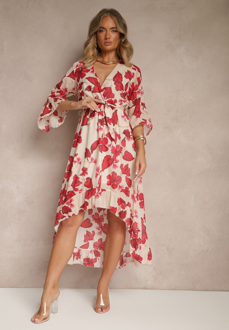 pretty Rochie Asimetrică Roșie din Bumbac cu Decolteu Petrecut și Cordon Legat Nitilira
