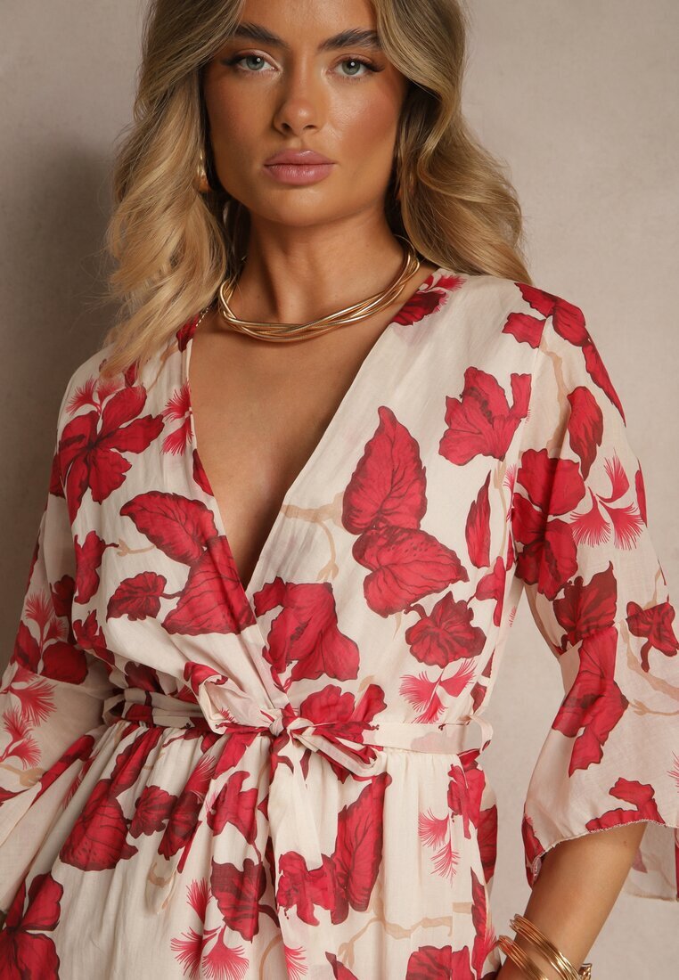 pretty Rochie Asimetrică Roșie din Bumbac cu Decolteu Petrecut și Cordon Legat Nitilira