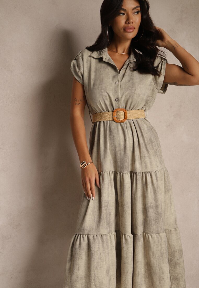 pretty Rochie Bej cu Nasturi și Curea împletită Fillona