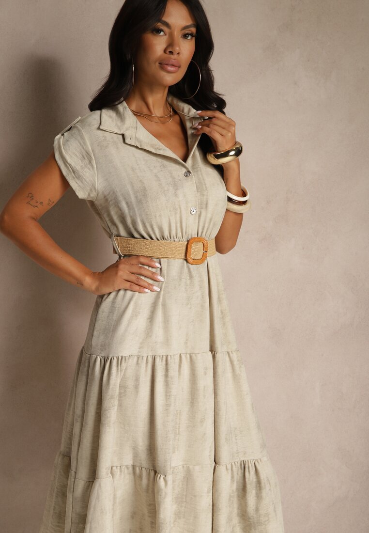 pretty Rochie Bej deschis cu nasturi și curea împletită Fillona