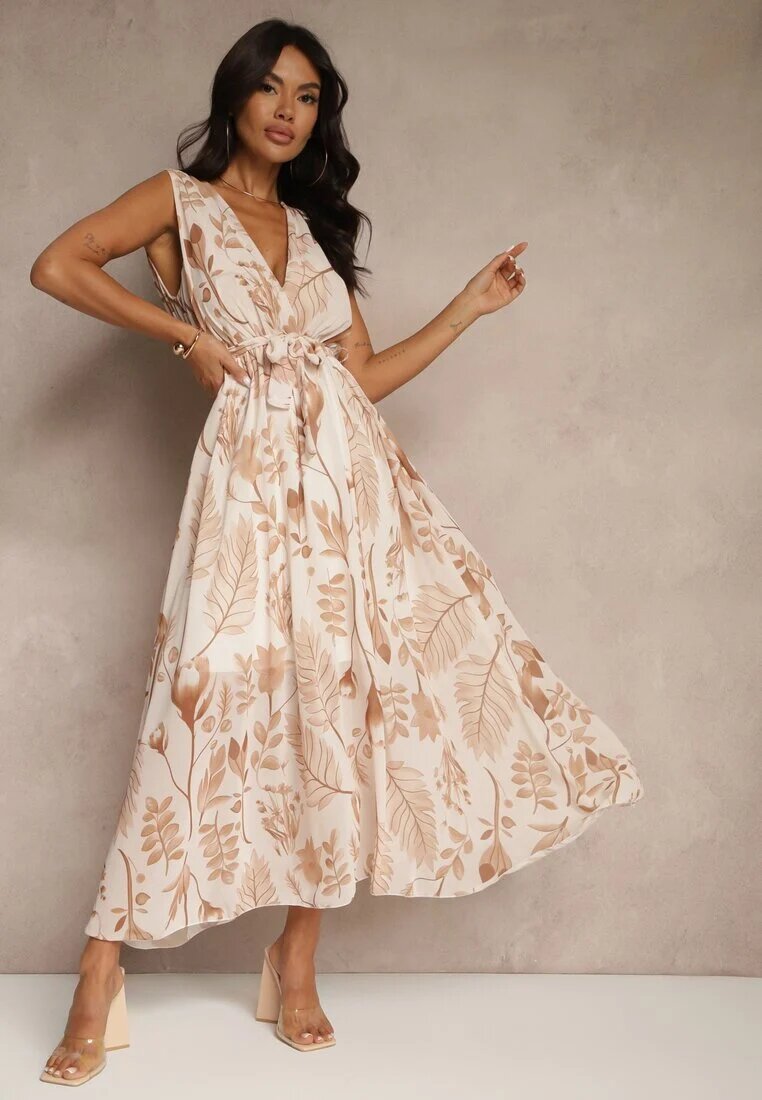 pretty Rochie bej din vâscoză cu decolteu petrecut și cordon Natisolve