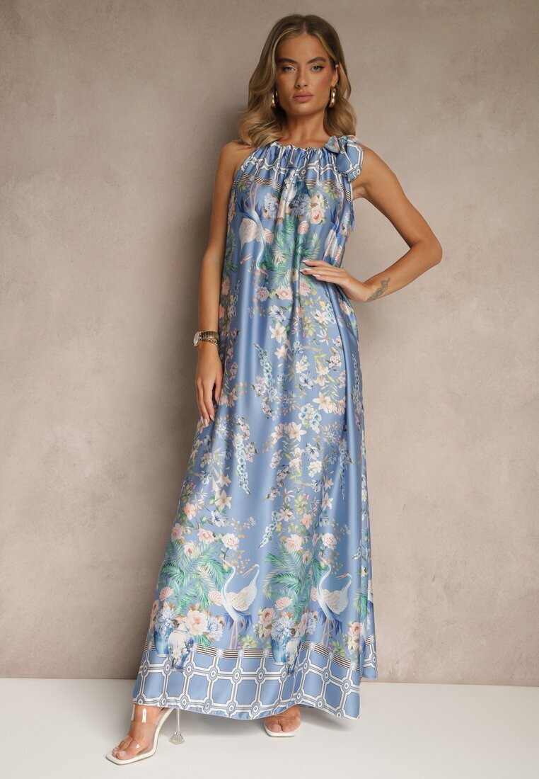 pretty Rochie Bleu marin din Satin Decorată cu model floral și cordon Fenalesa