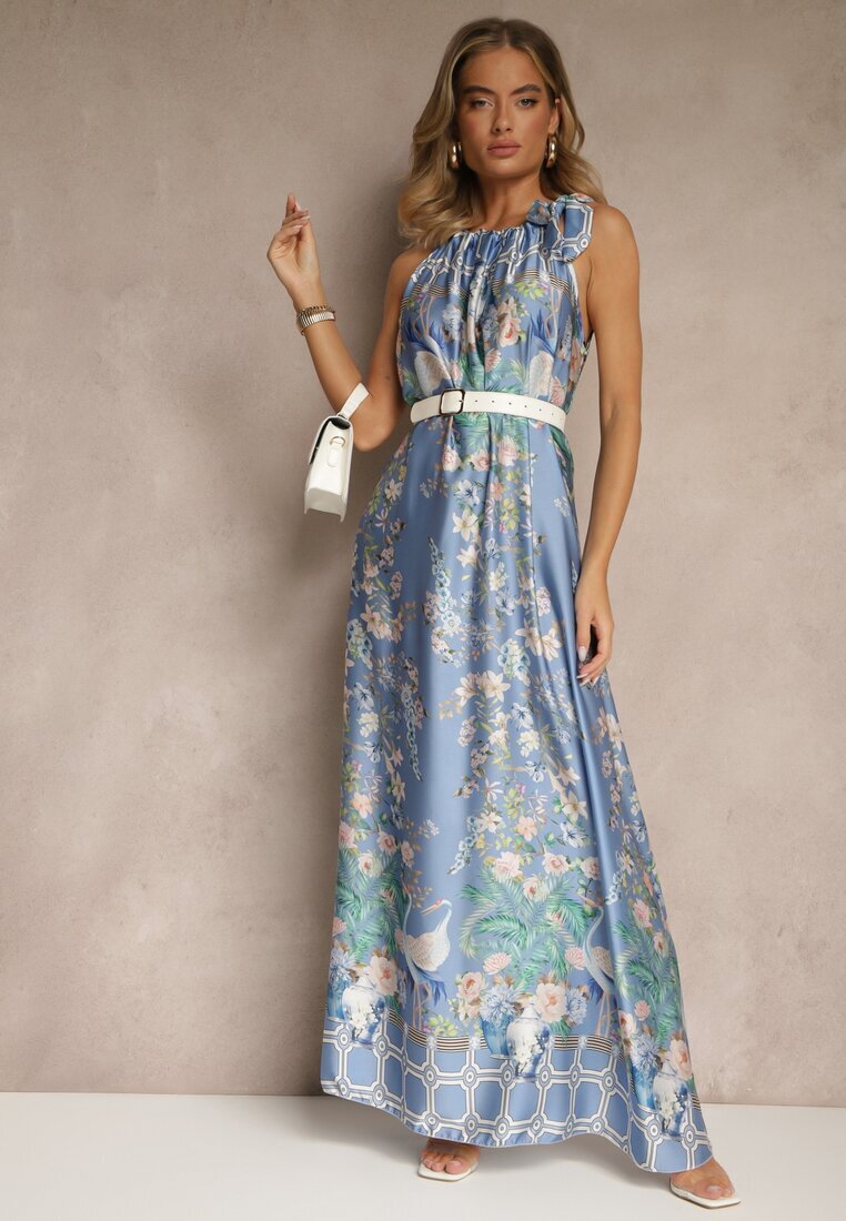 pretty Rochie Bleu marin din Satin Decorată cu model floral și cordon Fenalesa