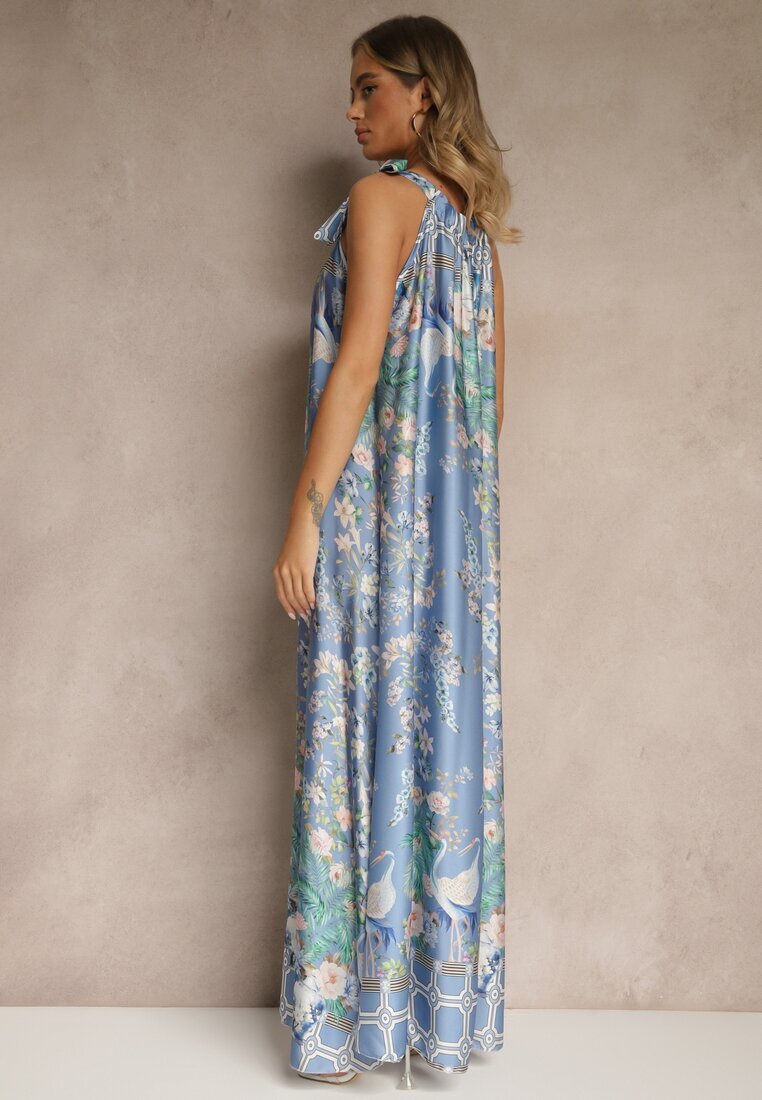 pretty Rochie Bleu marin din Satin Decorată cu model floral și cordon Fenalesa