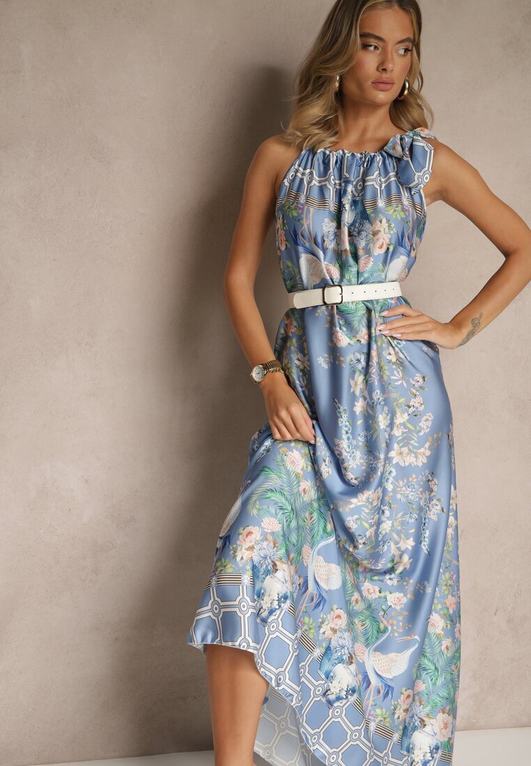pretty Rochie Bleu marin din Satin Decorată cu model floral și cordon Fenalesa