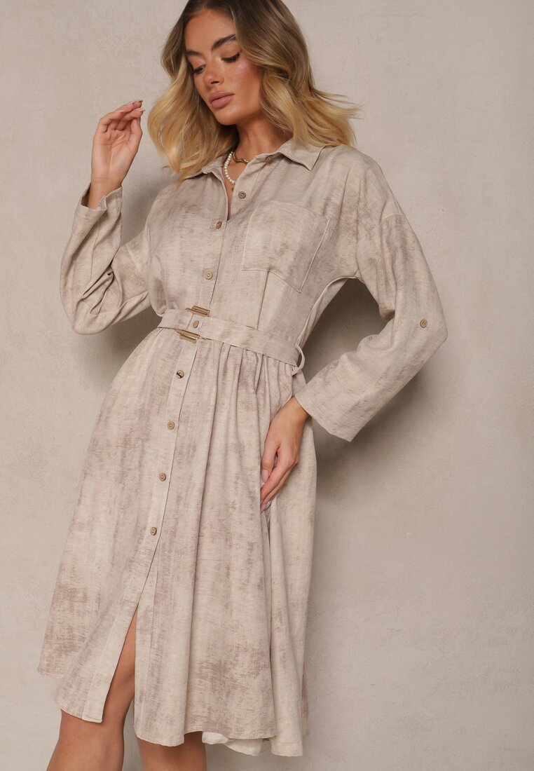 pretty Rochie Cămașă Bej cu Curea cu Cataramă și Buzunar Parmio
