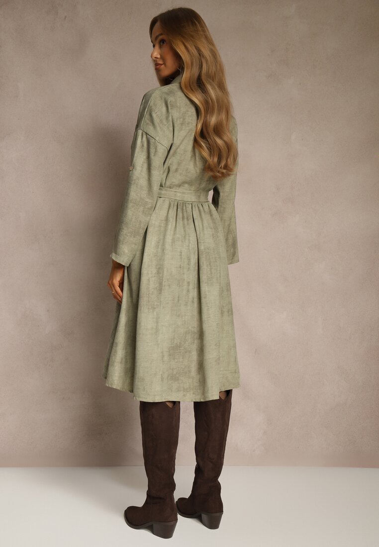 pretty Rochie Cămașă Verde cu Curea cu Cataramă și Buzunar Parmio
