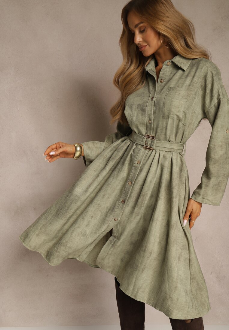 pretty Rochie Cămașă Verde cu Curea cu Cataramă și Buzunar Parmio