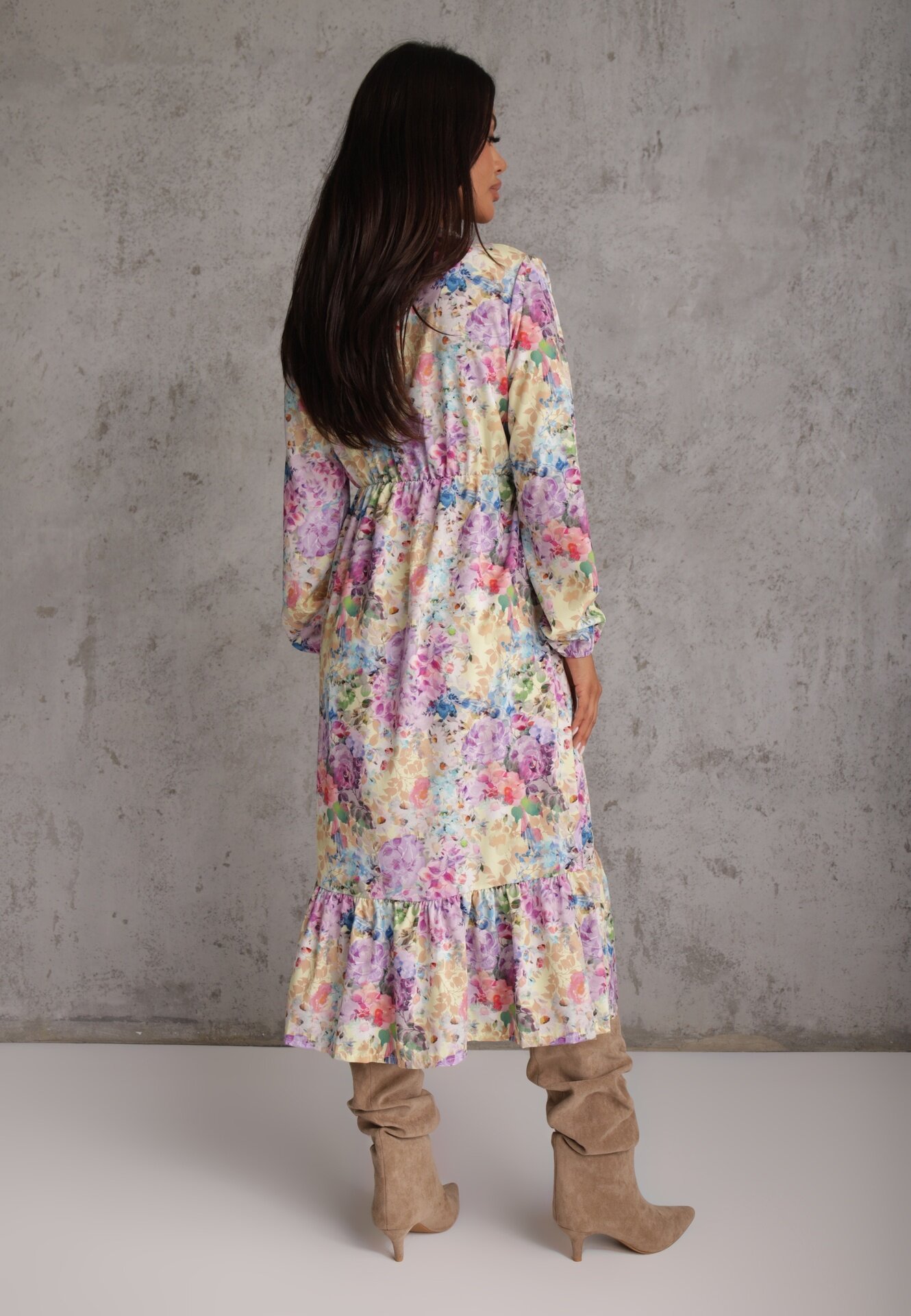 pretty Rochie Galbenă cu Imprimeu Floral cu croi evazat cu decolteu în V Janellia