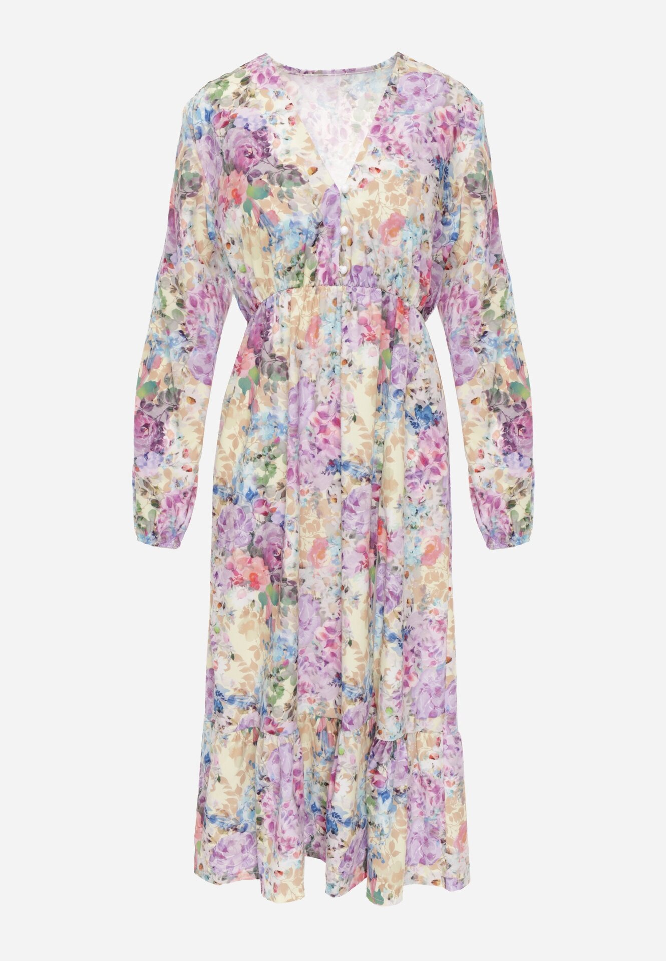 pretty Rochie Galbenă cu Imprimeu Floral cu croi evazat cu decolteu în V Janellia